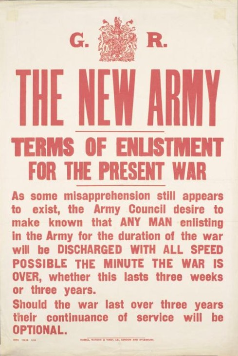  First World War recruiting poster. Slogan reads "the New Army Terms of Enlistment for the present war".