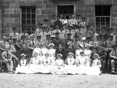 Staff and patients outside the Royal Cornwall Infirmary, Truro, Cornwall. 21st July 1916.