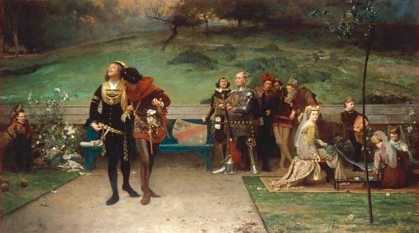 The 1872 painting 'Edward II. and his Favourite, Piers Gaveston' by Marcus Stone.